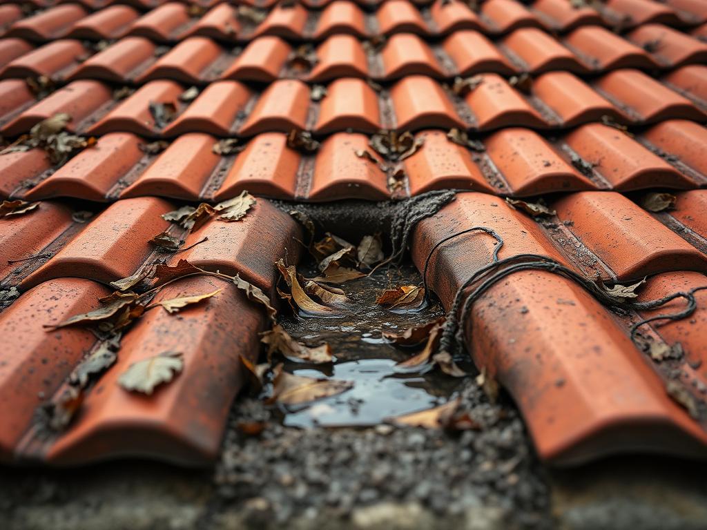 Concept visual of a tile roof valley blocked with leaf debris and grit, with water pooling against the tile courses.
