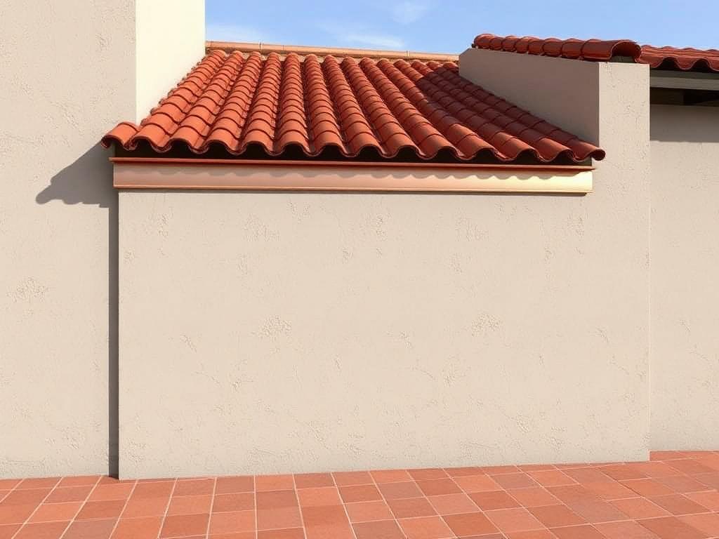 Concept visual of a rebuilt roof-to-wall flashing where the metal leg is protected by the wall finish and drains onto the tile below.