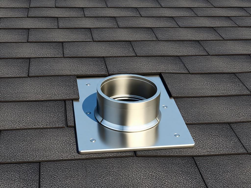 Concept visual of a new metal pipe penetration collar lapped beneath the upper shingle courses.