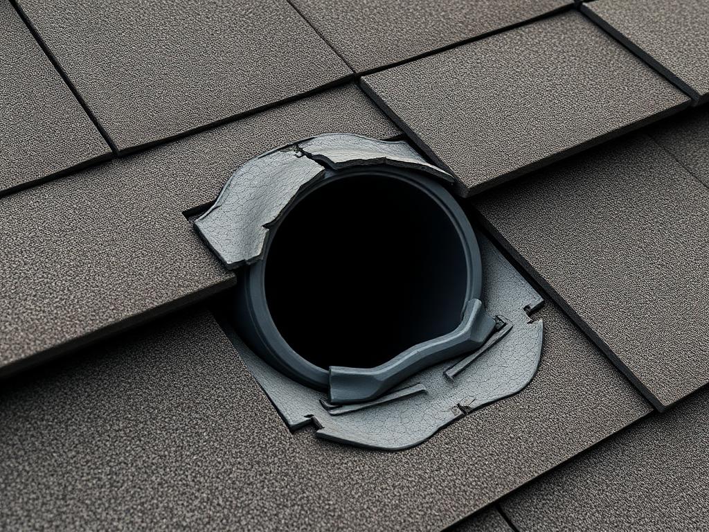 Concept visual of a cracked, UV-degraded rubber pipe boot on a shingle roof with the collar split open.