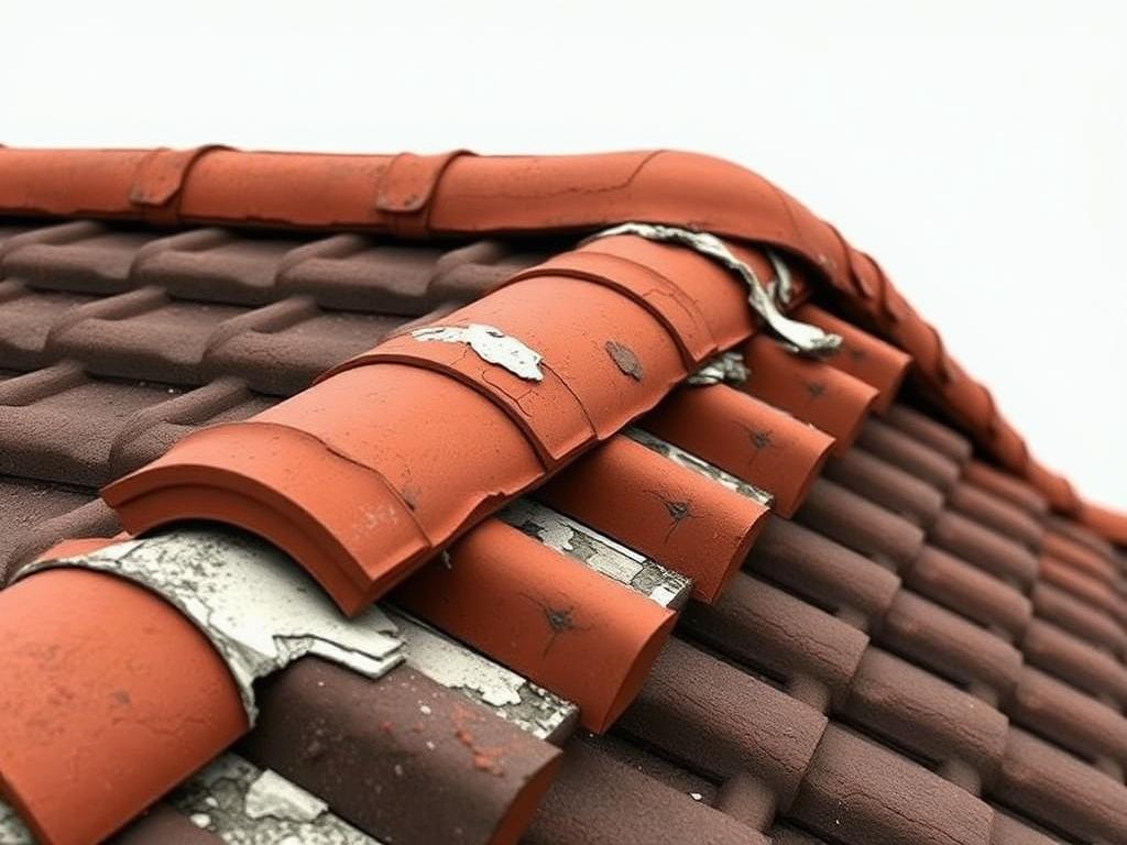 Concept visual of displaced ridge cap tiles with crumbling mortar along a tile roof ridge.