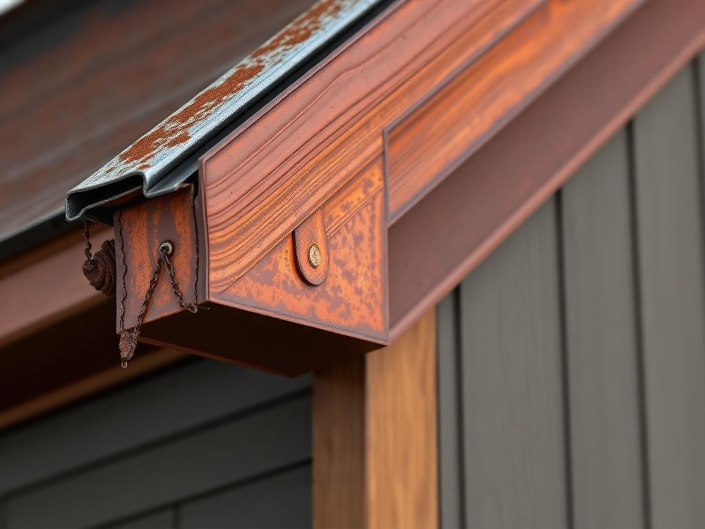 Concept visual of corroded drip edge metal at a roof eave with staining on the fascia board below.