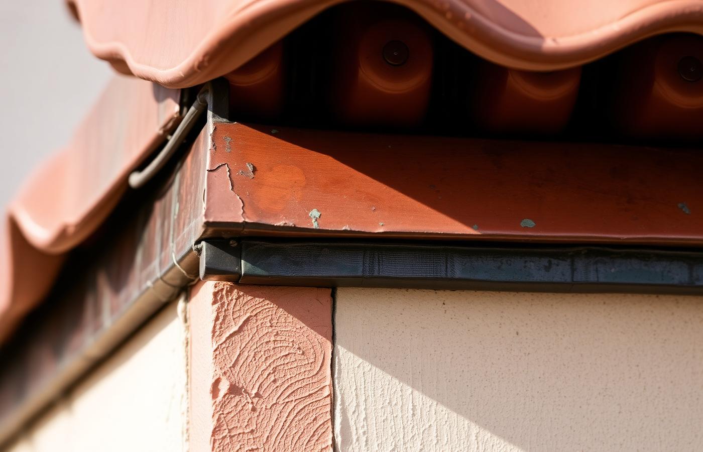 Concept visual of weathered copper flashing where a tile roof plane meets a stucco wall.