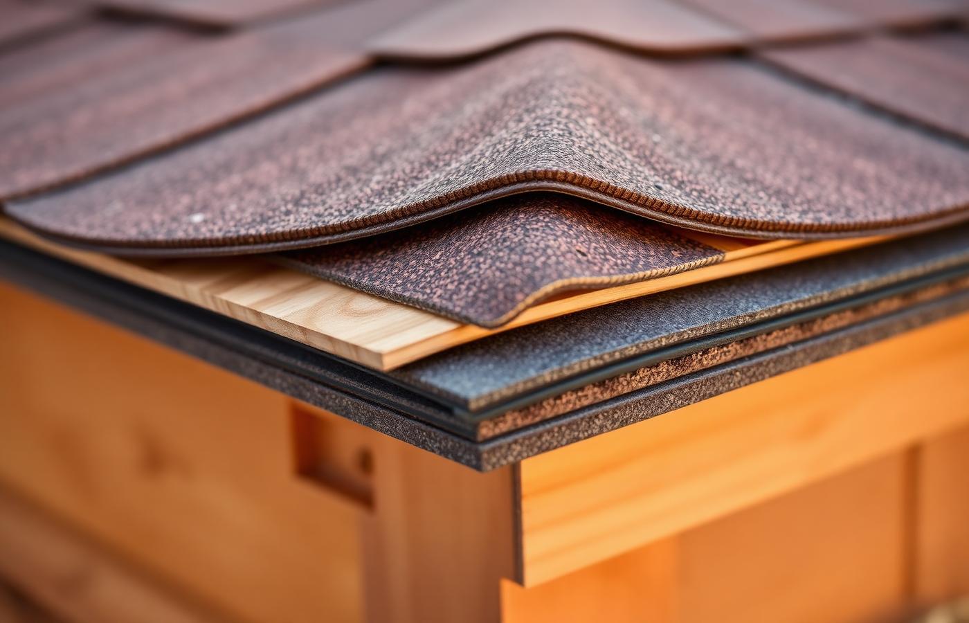 Concept visual of a roof edge showing the deck, underlayment, and covering stacked as separate layers.