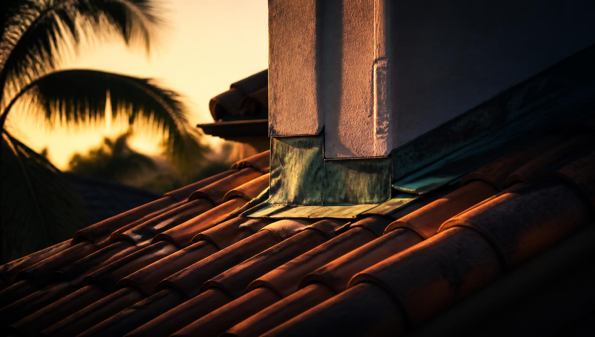 Concept visual of a Miami tile roof at golden hour with weathered copper flashing at a stucco wall junction.