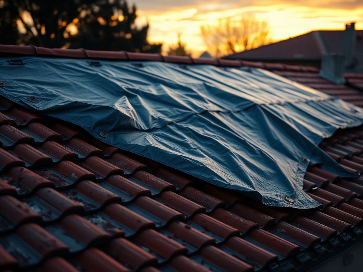 Concept visual of a temporary tarp battened over a damaged section of tile roof at dusk.