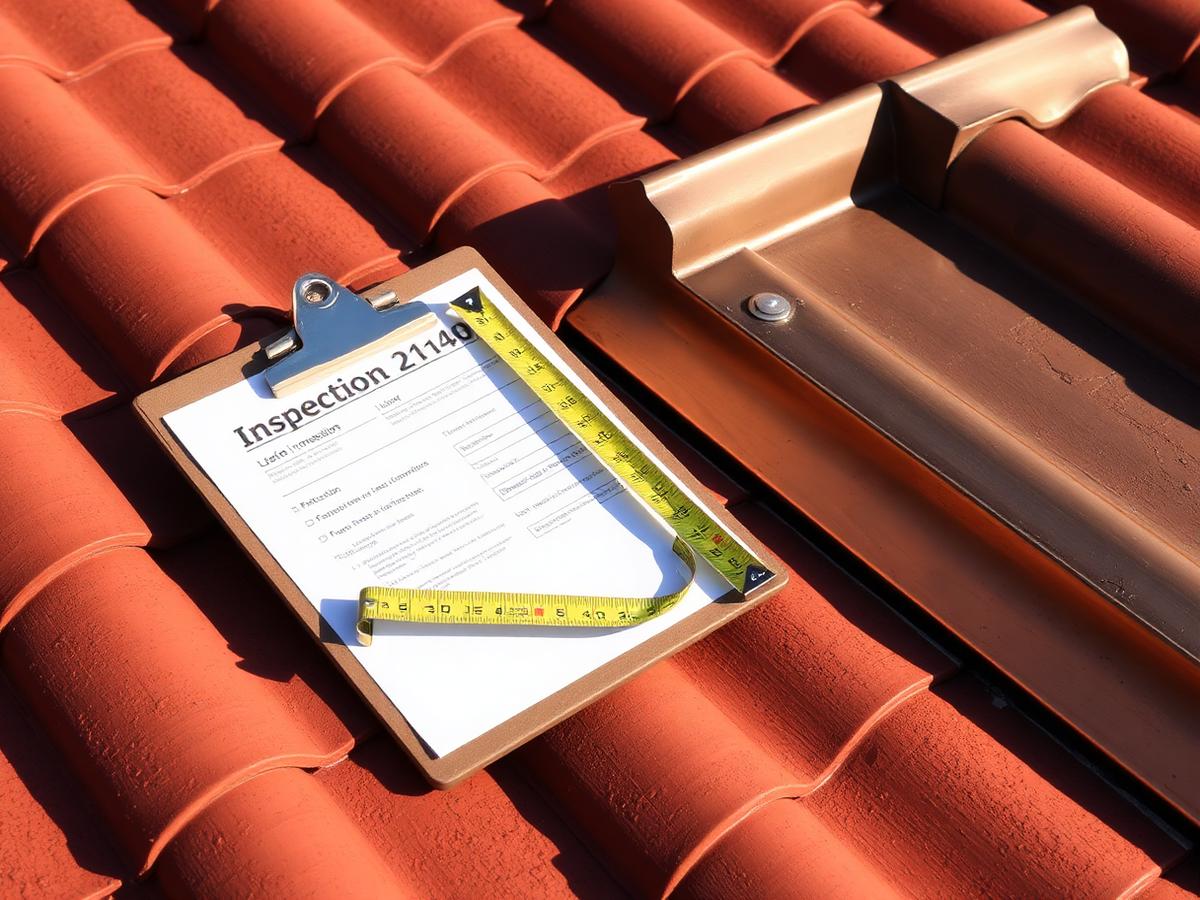Concept visual of an inspection clipboard and tape measure beside a flashing detail on a tile roof.