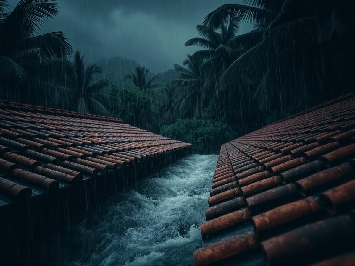 Concept visual of heavy tropical rain running through the valley of a tile roof.