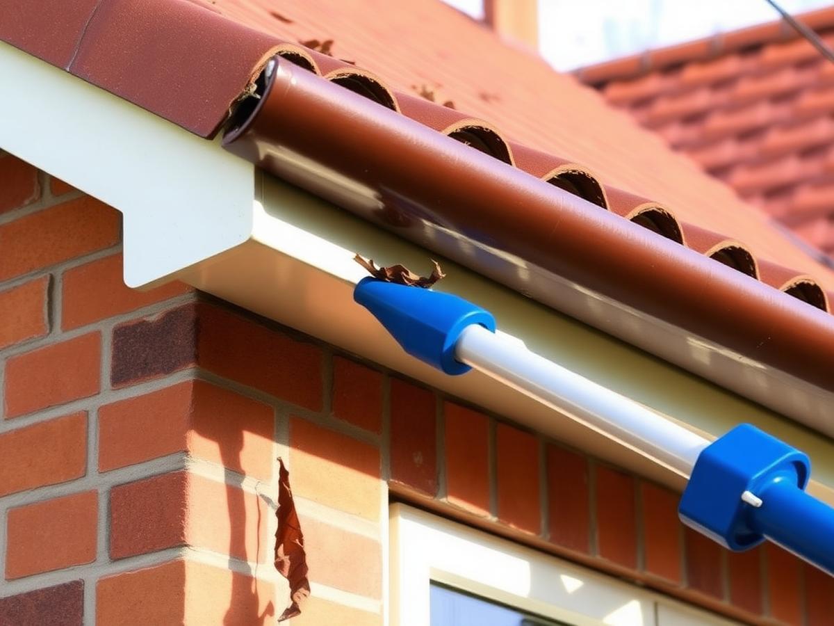 Concept visual of leaf debris being cleared from a gutter along a tiled eave line.