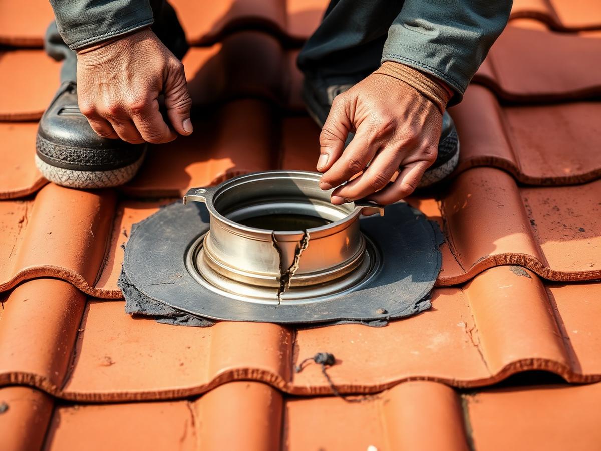 Concept visual of a cracked pipe penetration boot being reset on a terracotta tile roof.