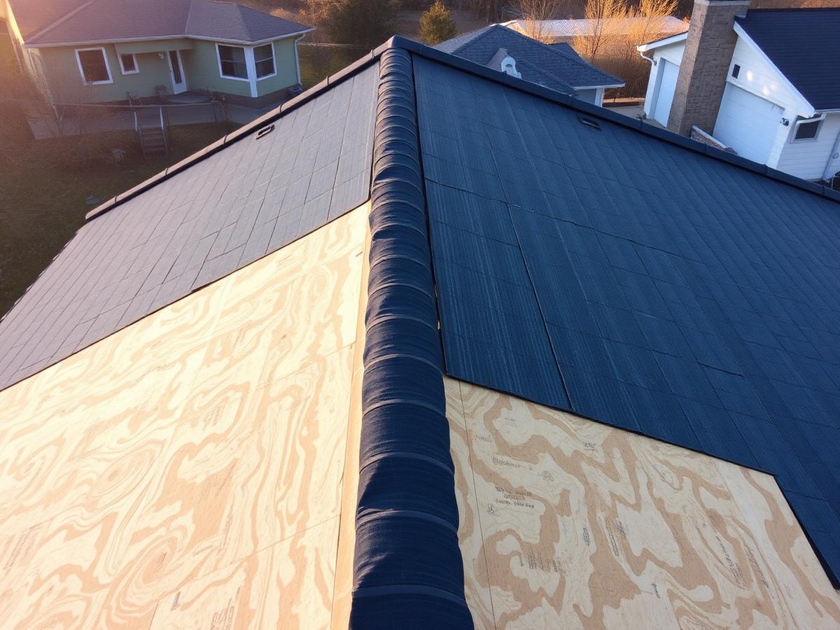 Concept visual of a roof mid-replacement with exposed plywood deck and underlayment partly laid.