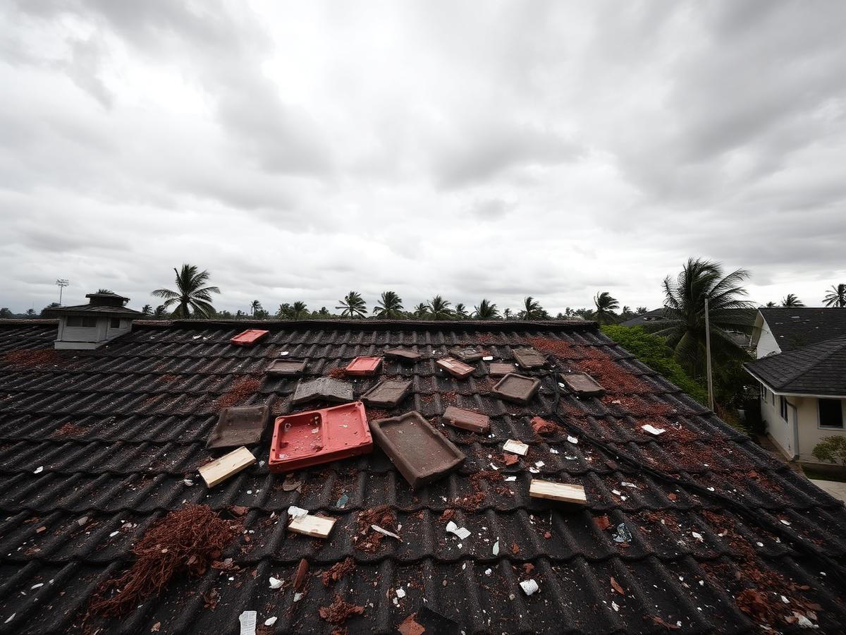 Concept visual of displaced roof tiles and storm debris scattered across a roof plane.